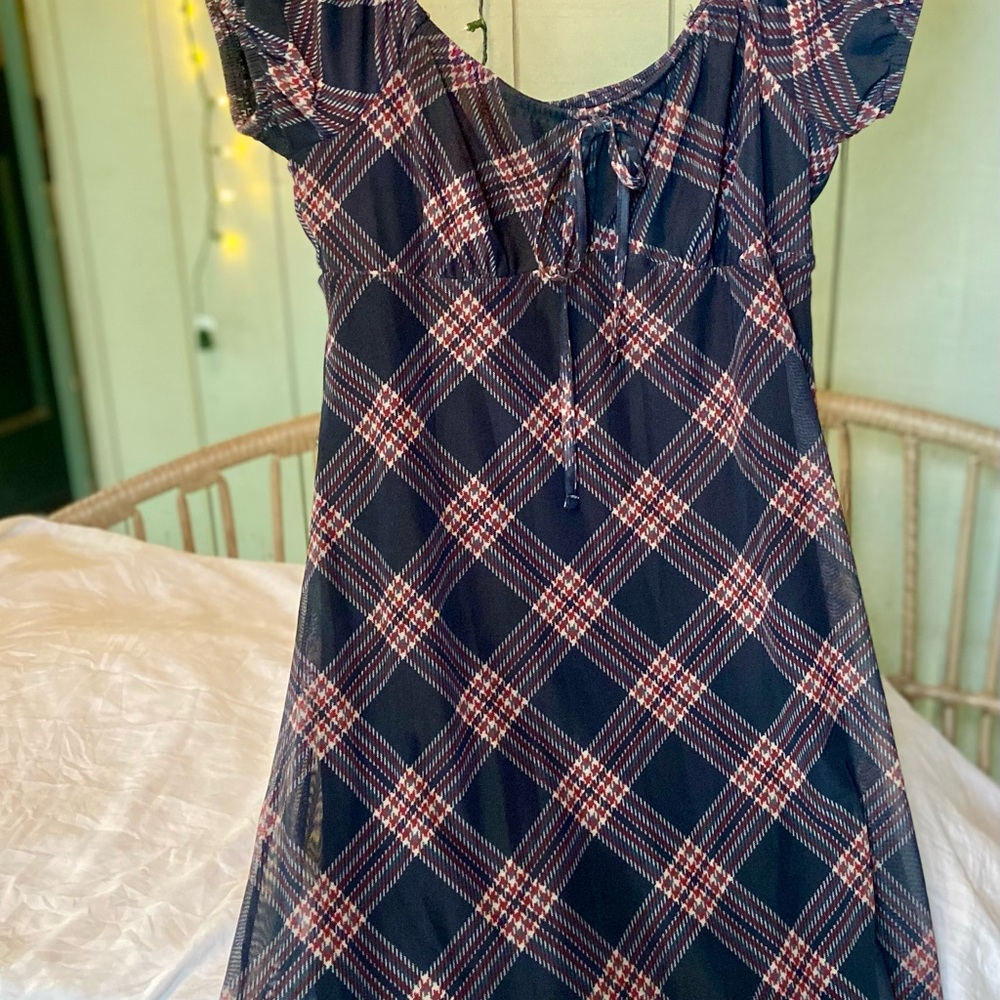 SO Navy Plaid Tie-Front Top with Red Accents